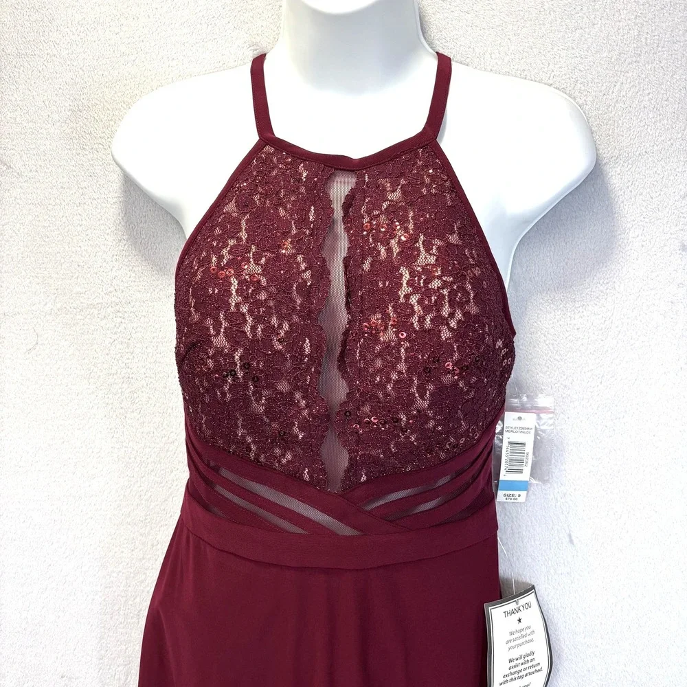 NWT Morgan & Co Lace Sequin Cutout Dress Juniors 5‎ Merlot Red Halter Party NEW